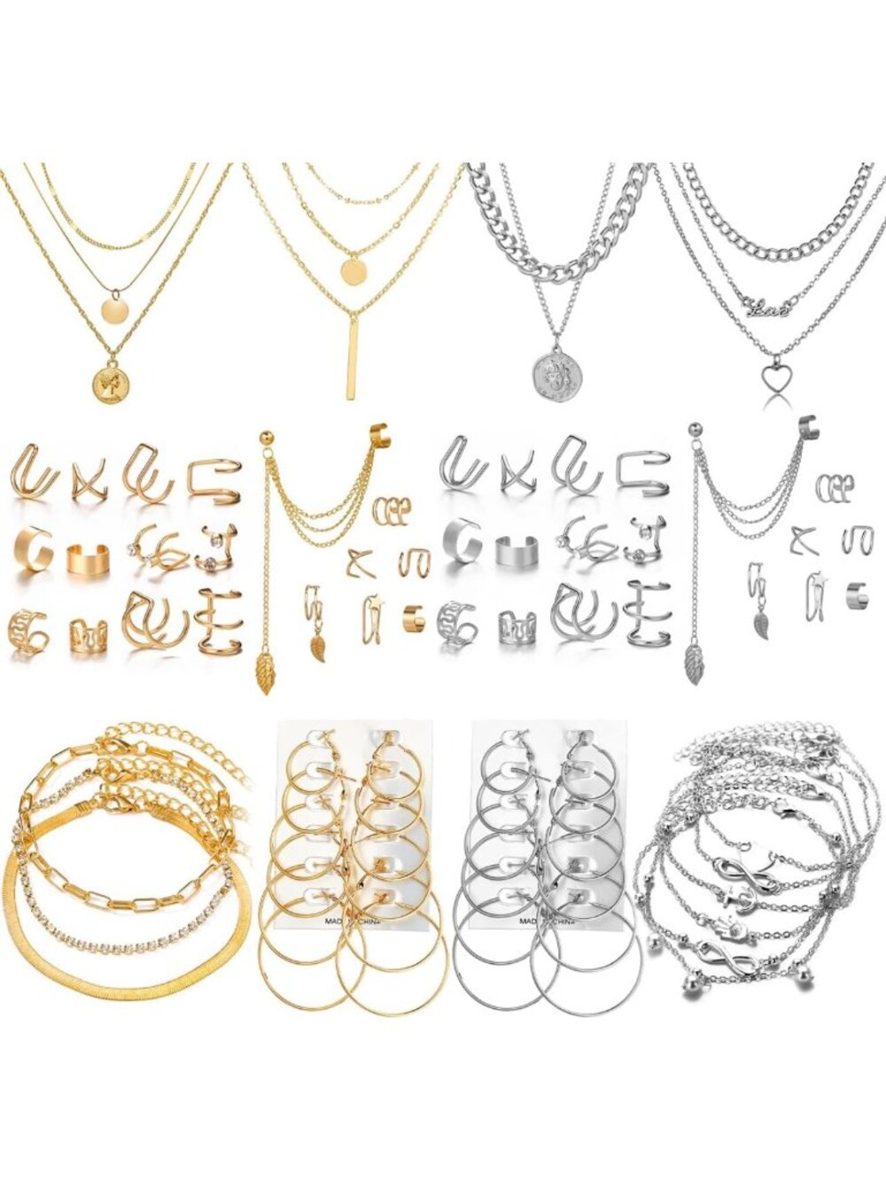 60 PCS Gold Jewelry Set - Multi-Layered Necklaces, Dangle Earrings, Stackable